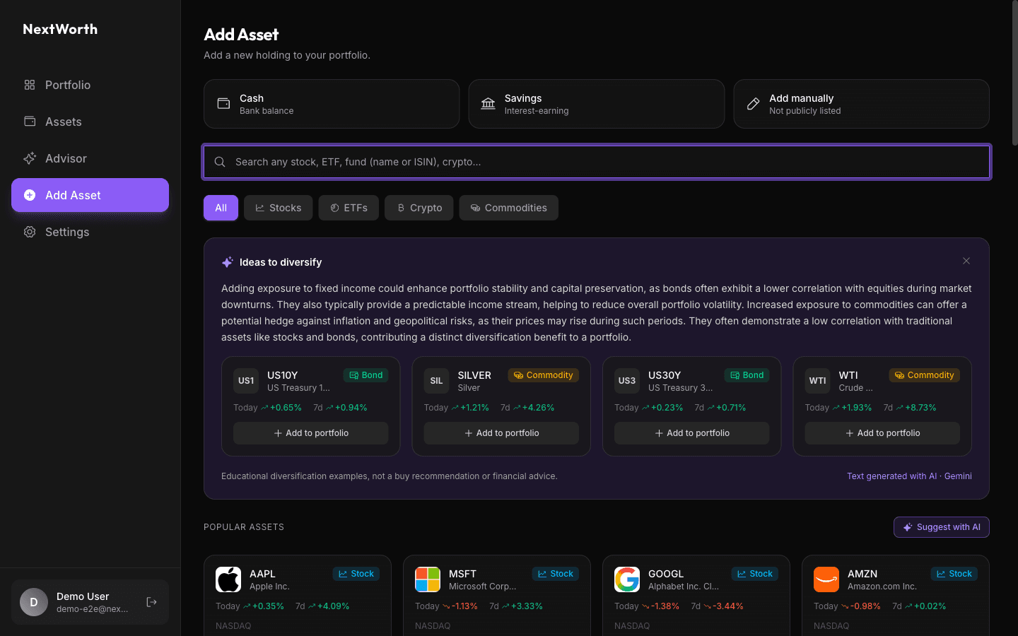 Add asset screen with AI-generated diversification ideas