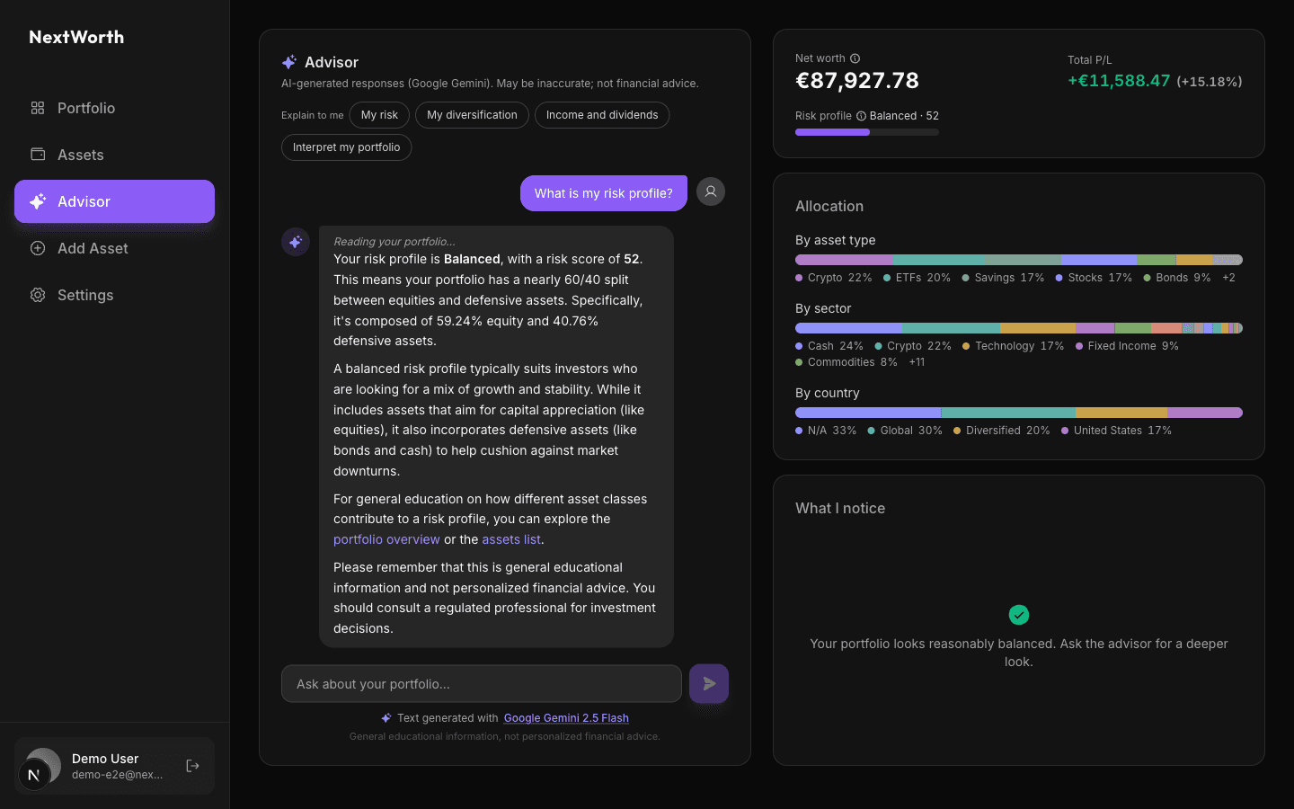 AI advisor chat explaining the portfolio balance and risk profile